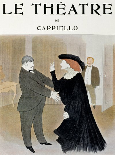 Skuespillerne Lucien Guitry (1860-1925) og Jane Harding i en scene fra La Chatelaine, optrådte på Renaissance Theatre i Paris - titelblad til tidsskriftet Theatre, april 1903, Paris (Print) af Leonetto Cappiello