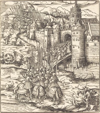 Forskellige mænd, der knæler på en bro foran en by af Leonhard Beck