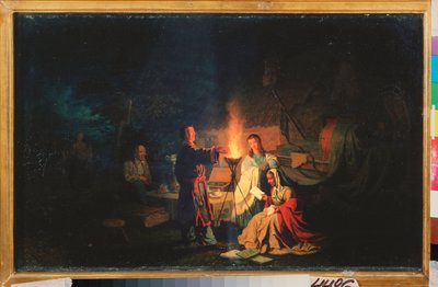 Komikere hviler. (Skuespillerne øver deres replikker ved mørkets frembrud, omkring en fakkel, i gården til et landsted. I nærheden af ​​dem, et bord med en samovar og kopper, samt sceneudstyr under presenninger). Maleri af Leonid af Leonid Ivanovich Solomatkin