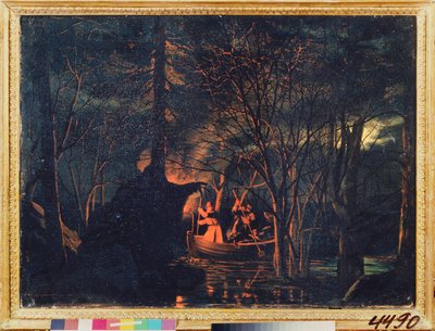 Natspydfiskeri. Maleri af Leonid Ivanovich Solomatkin (1837-1883), olie på lærred af Leonid Ivanovich Solomatkin