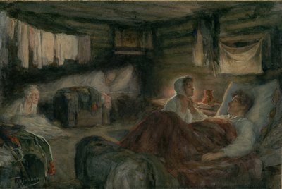 Natasha og den sårede prins Andrei i Mytishchi. Illustration til romanen Krig og Fred, 1893. af Leonid Osipovich Pasternak