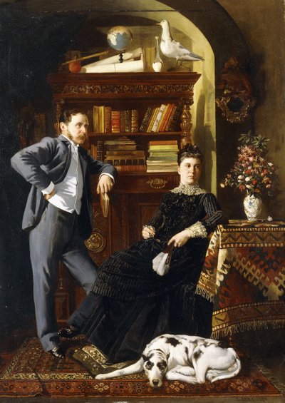 Et par i et interiør med en hund af Leopold Bara
