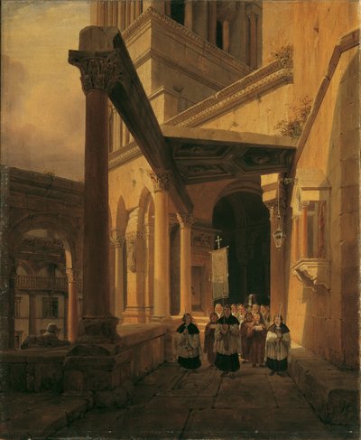 Udsigt over en søjlegang i Dianatemplet ved Spalato af Leopold Ernst