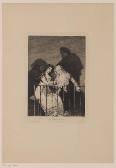 To kvinder med to mænd i skyggen bag sig Les majas au balkon (titel på objekt) af Leopold Flameng