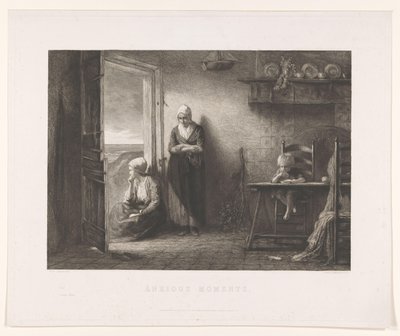 To kvinder og et barn i et fiskerhus i klitterne Efter stormen Anxious Moments (titel på objekt) af Leopold Lowenstam