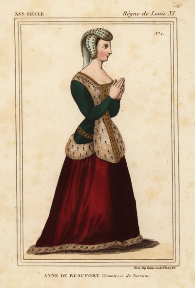 Anne Rogier de Beaufort, Viccountess de Turenne 1435-1479. Håndfarvet litografi efter et vindue i rustfrit glas i kirken Cordelieres de Nantes i Roger de Gaignieres