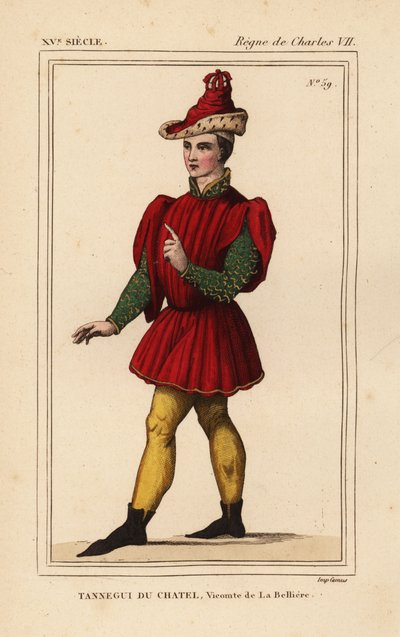 Tanneguy IV du Chatel, Viscount de la Belliere, stormester i Hotel Frans II, hertug af Bretagne, d. 1477. Håndkoloreret litografi efter en figur i et gobelin forestillende Esther og Mordecai i Roger de Gaignieres