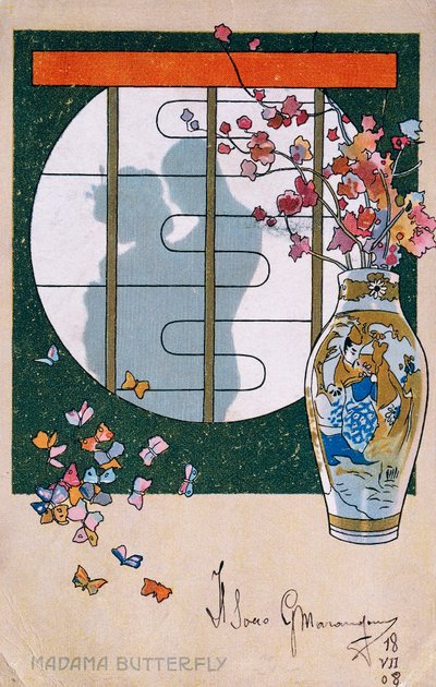 Postkort skabt til premieren på "Madame Butterfly", i Brescia af Leopoldo Metlicovitz