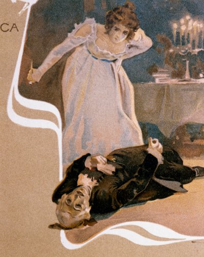 Postkort illustreret af Leopoldo Metlicovitz (1868-1944) med scener fra Tosca, opera af Giacomo Puccini (1858-1924) af Leopoldo Metlicovitz