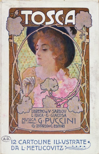 Titelside på partiturark til operaen Tosca af Puccini, ca. 1910 (farve litho) af Leopoldo Metlicovitz