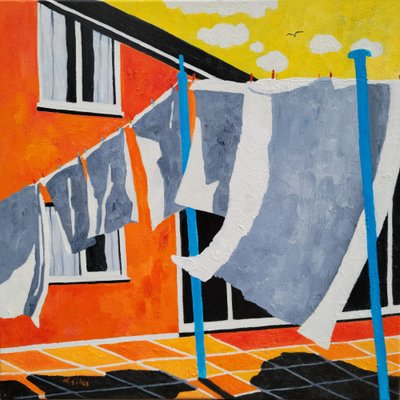 Terrasse med tørresnor i solskin af Lesley Giles