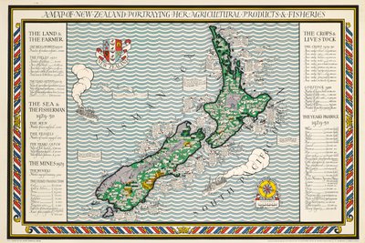 Et kort over New Zealand af Leslie MacDonald Gill