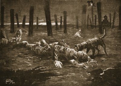 Sergent Burge foregiver at være død, da han blev opdaget af en hund foran fjendens trådforviklinger af Leslie Mosley