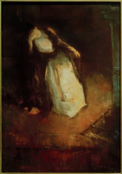 Kvinde ved pejsen (dreveri ved pejsen) af Lesser Ury