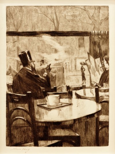 Herre med en cylinder foran et kaffehusvindue - bagfra af Lesser Ury