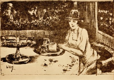 I kaffehuset. Dame ved bordet på verandaen af Lesser Ury