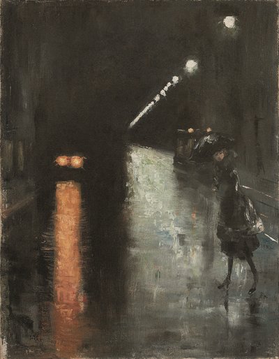 Natlig gadescene, Berlin (Leipziger Strasse?), ca. 1920 (olie på lærred) af Lesser Ury