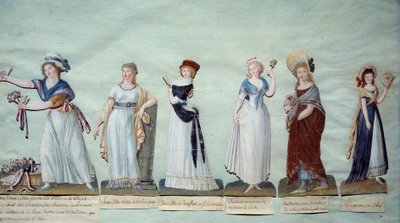 Forskellige unge kvinder repræsenterer feminin mode under revolutionen. Gouache des freres Lesueur (1700-tallet) Paris, Musee Carnavalet af Lesueur Brothers