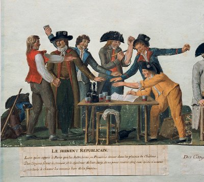 Fransk revolution: "" Den republikanske ed: borgerne aflægger en ed af deres blod om ikke at vende hjem, før de har drevet østrigerne og preusserne ud af Frankrig." Gouache des freres Lesueur (1700-tallet). 1700-tallet. Paris. Carnavalet Museum af Lesueur Brothers