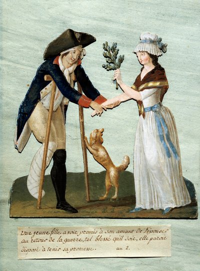 Fransk revolution: "" en ung pige finder sine lovede sår efter krigen og holder sit løfte om at gifte sig med hende"" Gouache des brothers Lesueur (1700-tallet). Paris Musee Carnavalet af Lesueur Brothers