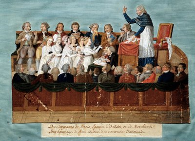 Franske revolution: "" borgere i Paris, der tilbyder deres smykker til nationalkonventet"" Illustration des Freres Lesueur (1700-tallet). 1792-1795. Paris, musee Carnavalet - Engelsk revolution - Borgerne i Paris donerer deres smykker til Nati af Lesueur Brothers