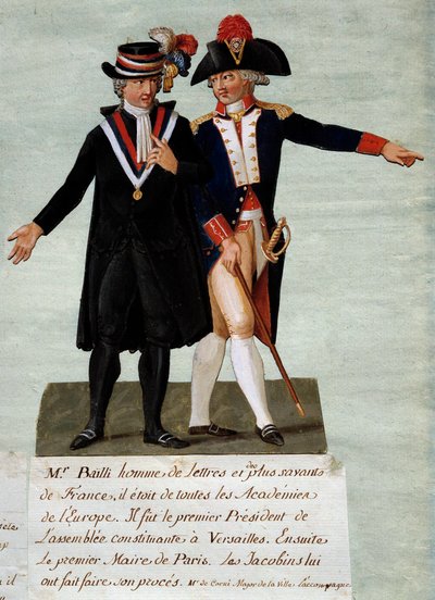Den franske revolution: repræsentation af Jean Sylvain Bailly (1736-1793), præsident for den konstituerende forsamling i Versailles og derefter borgmester i byen Paris, han beordrede at skyde rytterne med det formål at droppe kongen den 17/07/1791 på Champ af Lesueur Brothers