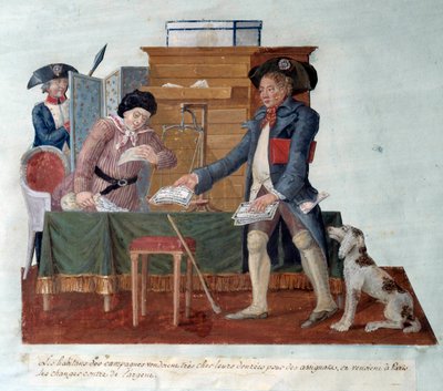 Fransk revolution: indbyggerne på landet solgte deres mad for tildelte, som de så kom for at veksle til penge i Paris. Gouache des Freres Lesueur (1700-tallet) af Lesueur Brothers