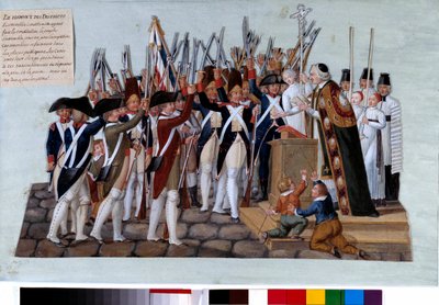 Fransk revolution: distrikternes ed. Efter forfatningens forkyndelse samledes folket på de offentlige pladser, kurerne forestod stævnerne. Gouache des freres Lesueur (1700-tallet). 1789. Paris, Musee Carnavalet af Lesueur Brothers