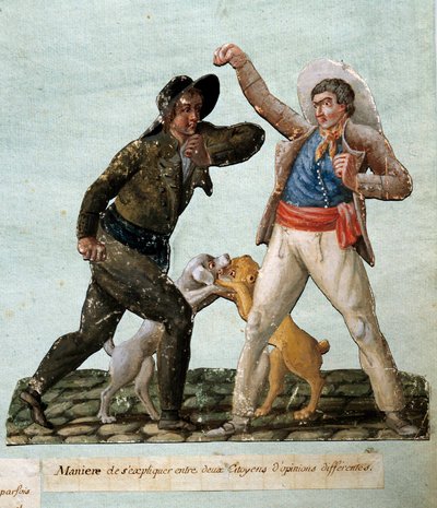Fransk revolution: to borgere kæmper. Gouache des freres Lesueur (1700-tallet) af Lesueur Brothers