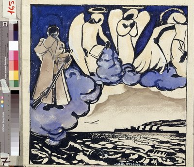 ""Krigen. Rusland. 1914"" Allegori om Første Verdenskrig. En soldat og engle. Pen og gouache af Lev Bruni (1894-1948) 1914 Statens Museum for Historie, Arkitektur og Kunst, Rybinsk, Rusland af Lev Aleksandrovitc Bruni