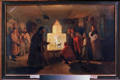 The Magic Lantern in a Peasant House - Maleri af Lev Grigorievich Solovyev (1837-1919), olie på lærred af Lev Grigoryevich Solovyev
