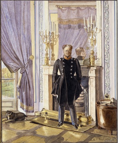 Portræt af storhertug Constantin Pavlovich af Rusland (1779-1831), foran pejsen. (Portræt af storhertug Konstantin Pavlovich af Rusland ved pejsen). Værk af Lev Ivanovich Kiel (?-1851), akvarel på papir af Lev Ivanovich Kiel