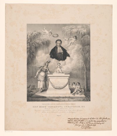 Portræt af Sibrandus Stratingh Dedikeret til minde om afdøde hr. Sibrandus Stratingh, E.Z. (titel på objekt) af Levi Michiel Bendix