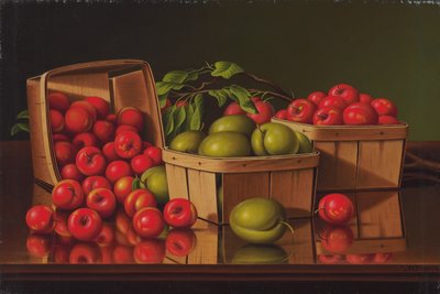 Stilleben med kurv af blommer (olie på lærred) af Levi Wells Prentice