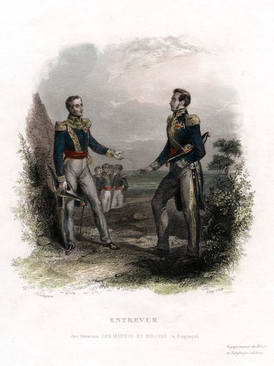 Møde mellem generalerne San Martin og Bolivar, Guayaquil, Ecuador, 1822, 1800-tallet. af Levy