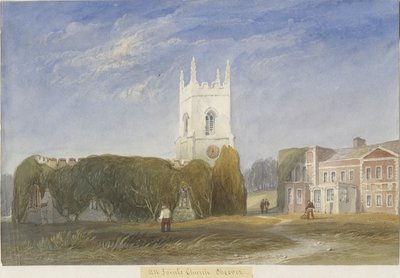 Okeover Church - "All Saints": akvarelmaleri, og [c 1830-1840] af Lewis John Wood
