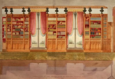 Højde på sydsidens bibliotek, Snelston Hall, Derbyshire (pen, blyant, blæk og akvarel på papir) af Lewis Nockalls Cottingham