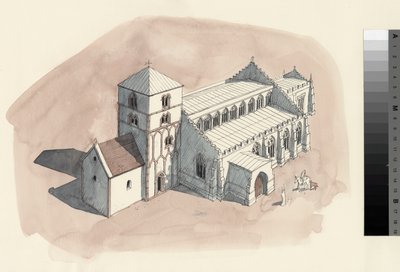 Rekonstruktionstegning af Peterskirken i det 18. århundrede (akvarel på papir) af Liam Wales