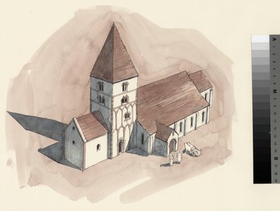 Rekonstruktionstegning af Peterskirken i den normanniske periode (akvarel på papir) af Liam Wales