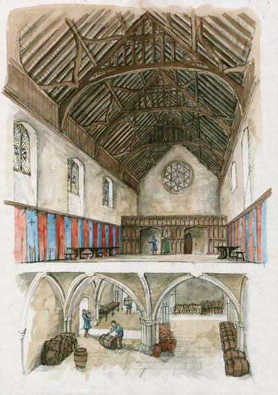 Rekonstruktion af Winchester Palace fra middelalderen (akvarel på papir) af Liam Wales