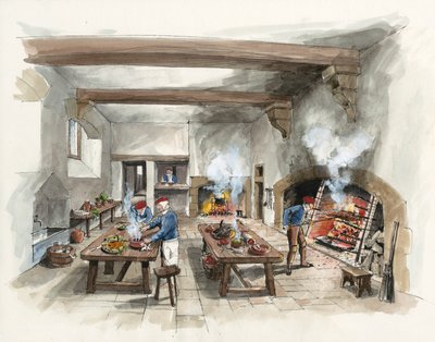 Rekonstruktion af køkkenet på Hardwick Old Hall i 1601 (akvarel på papir) af Liam Wales