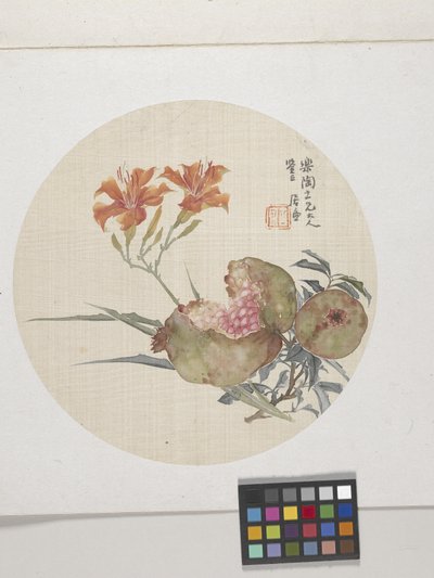 Pomegranate And Day Lily, ca. 1850-1904 (blæk og farver på papir) af Lian Ju