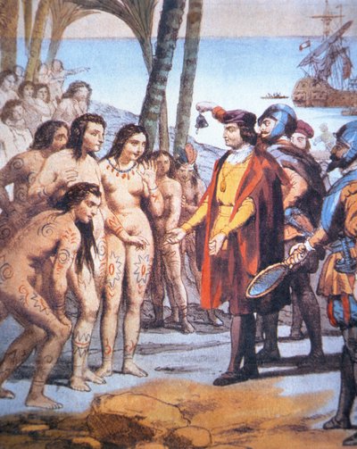 Christopher Columbus lander i den nye verden i 1492 og bliver mødt af Taino-indianere (farve litho) af Unbekannt Unbekannt