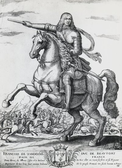 Rytterportræt af Frans af Bourbon-Vendome (1616-1669), anden hertug af Beaufort og fransk general, gravering af Nicolas de La Fage (1600?-1655) af Unbekannt Unbekannt