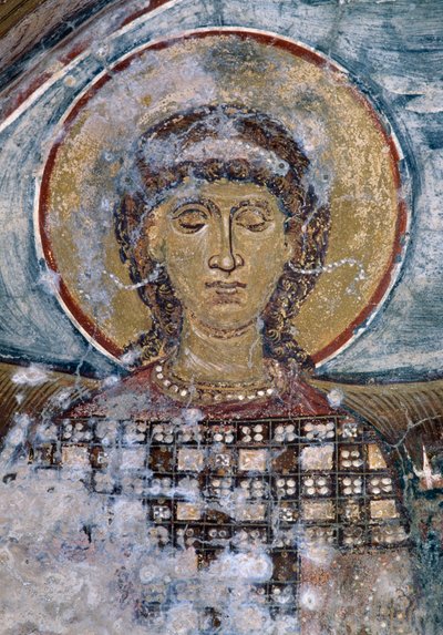Fresco med helgen i den byzantinske kirke Agios Georgios, Vathi, Kreta, Grækenland (foto) af Unbekannt Unbekannt