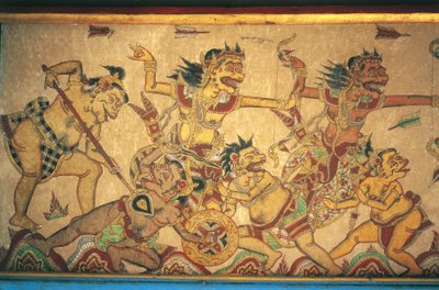 Fresker, der skildrer scener af kampe mellem guder og dæmoner, Kertha Gosa-pavillonen, Klungkung-paladset (Puri Agung Semarapura), Semarapura, Bali, Indonesien af Unbekannt Unbekannt