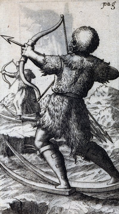 Jæger med bue og pil på korte ski, illustration fra De Calceo Antiquo, af B Balduinus af Unbekannt Unbekannt
