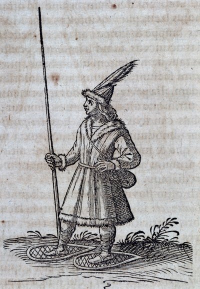 Indbygger i Canada (Frankrig Canadienne) med snesko, illustration fra Description de la Nouvelle France af Unbekannt Unbekannt
