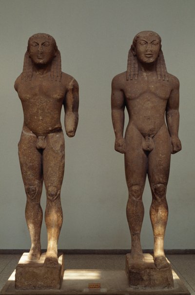 Kleobis og Biton, ca 610-590 f.Kr., pariske marmorstatuer, af Polymedes af Argos, dedikeret til Delphi af byen Argos, Grækenland, græsk civilisation, 7.-6. århundrede f.Kr. af Unbekannt Unbekannt
