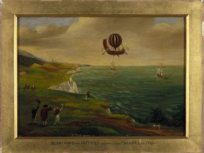 Opfinderen Jean Pierre (Jean-Pierre) Blanchard (1753-1809) og den amerikanske videnskabsmand John Jeffries (Jefferies eller Gefferies) (1744-1819) krydser Den Engelske Kanal i en flyvemaskine, der ligner en båd udstyret med en varmluftsballon 7/01 /1785 af Unbekannt Unbekannt